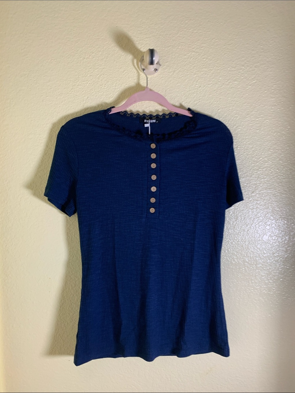 NWOT BTFBM Navy Short Sleeve Henley Top with Button Placket, Size L